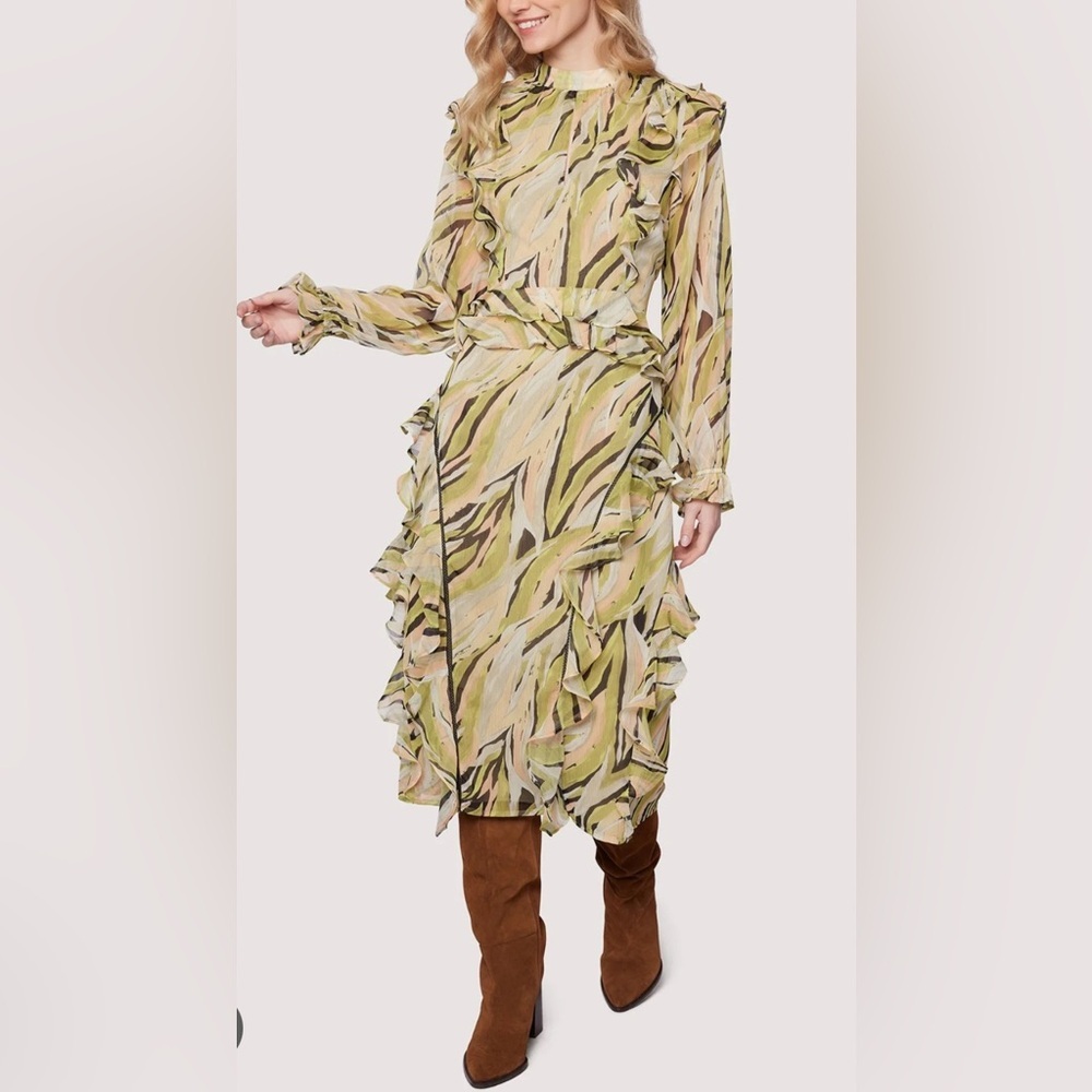 Lost + Wander Arroyo Willow Green Midi Chiffon Ruffle Dress, Size Small‎
